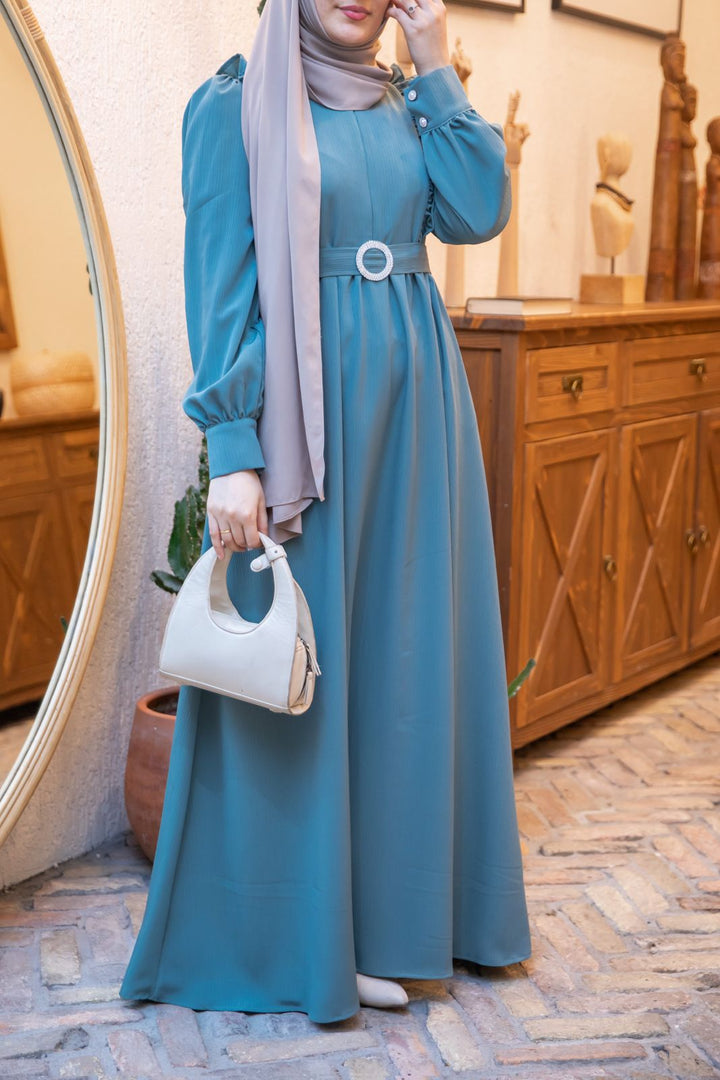 فستان اية لون فيروزي(الحزام مع اكسسوار لولو) - Lavia