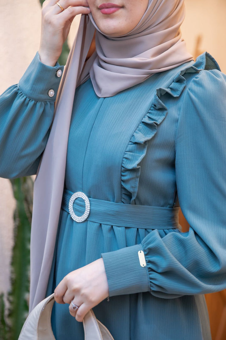 فستان اية لون فيروزي(الحزام مع اكسسوار لولو) - Lavia