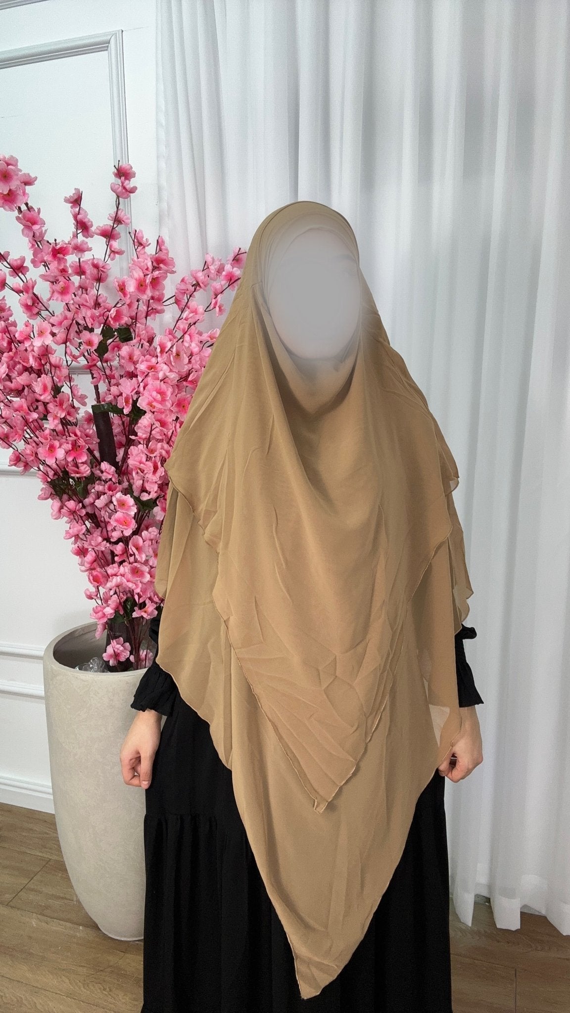 خمار لاڤيا شيفون ثلاثة طبقات طويل لون كراميل - Lavia